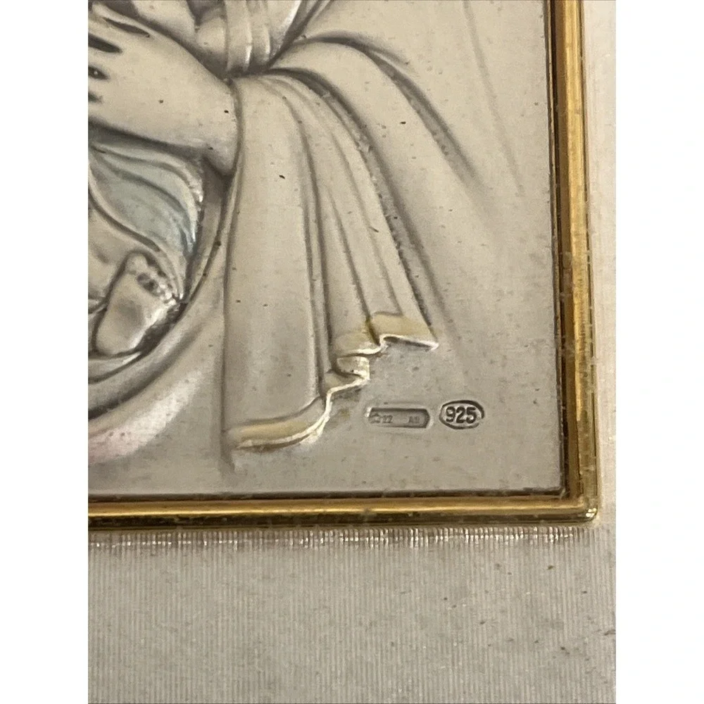 Italian Madonna & Child Icon .925 Sterling Silver Art w/ Painted Gold Frame‎ EUC